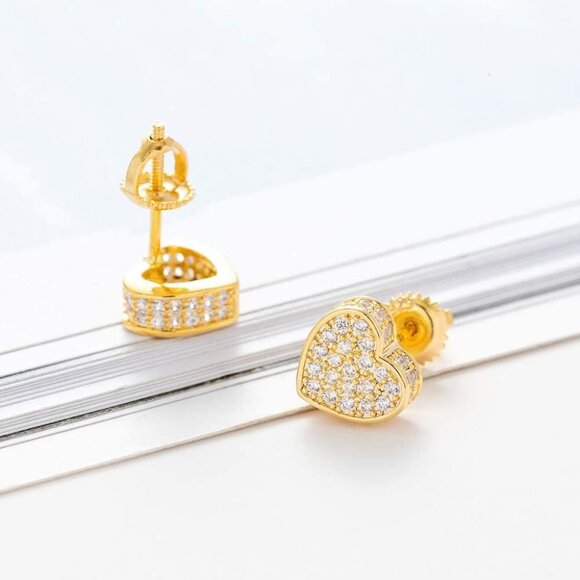 18k Gold Plated Heart Stud Earring For Women Earring Screw Back Iced Out Cubic Z - Picture 3 of 5